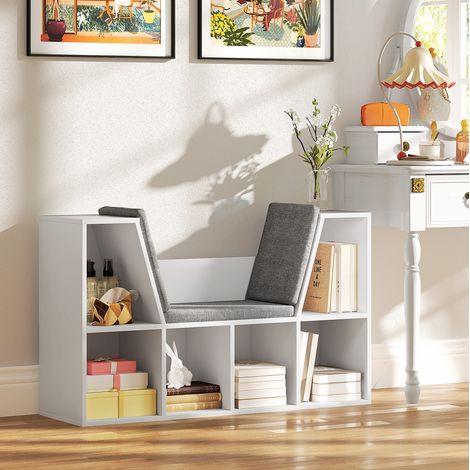 Librería con asiento 105x30x63 cm, 6 compartimentos, con cojín, madera blanca (1/5)