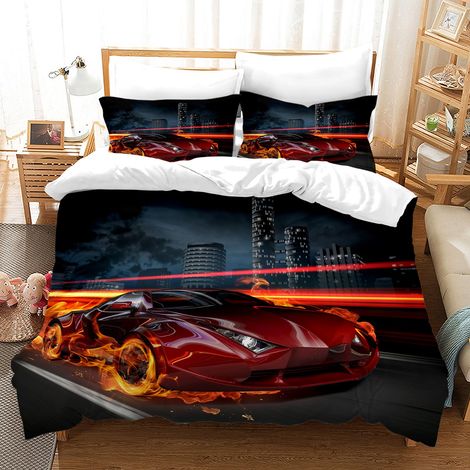 Housse de Couette Voiture de Course 220×240 cm,Parure de Lit Voiture de Sport avec 2 Taies d'oreiller Microfibre pour Enfants Jeunes 4, 220x240cm (1/5)