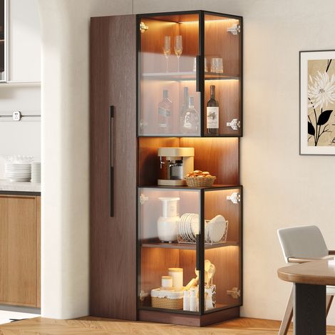 Vitrine 70×38×160 cm avec étagère coulissante – vitrine autoportante à double vitrage avec éclairage LED, meuble en MDF noyer, vitrine et rangement en verre, armoire haute multifonctionnelle pour salo (1/5)