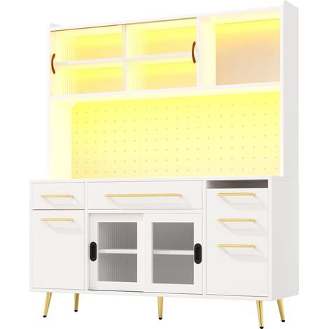ELVMI Küchenschrank mit 2 Schubladen, 1 Schiebetür, Lochwand und LED, aus MDF und Glas, 145×39×171 cm, Weiß (1/5)
