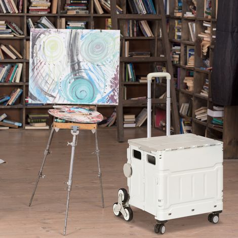 Carrello della spesa pieghevole con 2 ruote per salire le scale, maniglia regolabile in angolazione e lunghezza, 48x43x95 cm, bianco (1/5)