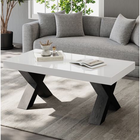 Table basse rectangulaire avec pieds en x, 100x50x40 cm, blanc et noir (1/5)