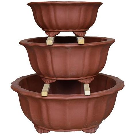 Vasi per bonsai rotondi (forma a fior di loto) in gres (Set da n.3 pezzi) - GLA28 (1/2)