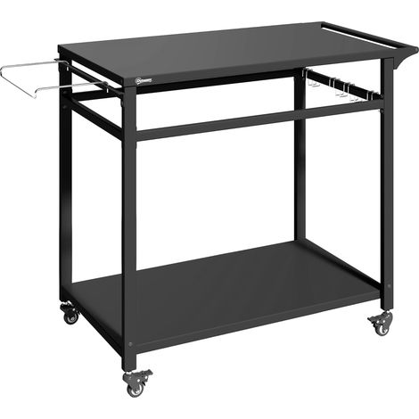 Carrito para barbacoa de exterior con ruedas, 2 niveles, negro, 113 x 50,5 x 88 cm