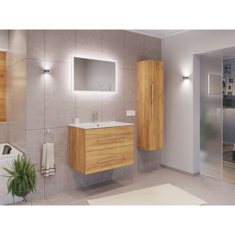 Badmöbel Set Firenze 80 3tlg. LED Spiegel und Hochschrank eiche gold