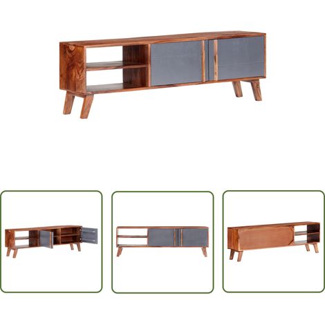 The Living Store Meuble TV gris 140x30x45 cm bois solide - Meubles Tv - Meuble Tv - Support Tv - Rangement Tv - Meuble Bois (1/5)