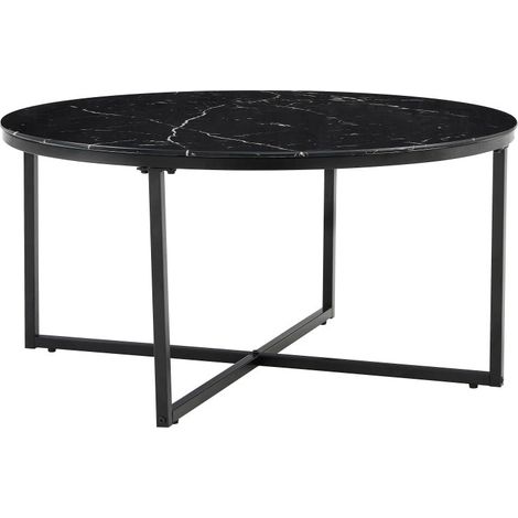 Table Basse LORIE Ronde Plateau Verre Trempé Marbré Noir Structure Métal Noir D90x45cm (1/5)