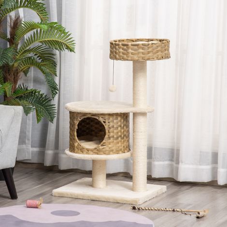 Kratzbaum aus Rattan mit Höhle und Ballspiel, 55 x 47 x 95 cm, natur/beige OKMYHOME (1/5)