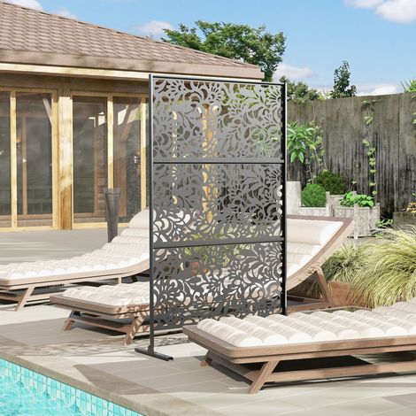 Panel decorativo de privacidad para exteriores, celosía decorativa para jardín, 3 paneles con estampado floral, acero, 122 x 45 x 198 cm, negro. (1/5)