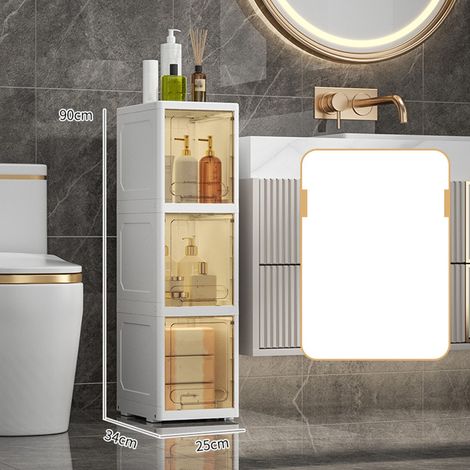 Meuble de Rangement Salle de Bain Plastique 3 Niveaux avec Tiroirs Transparents et Roulettes, 25x34x90cm, Marron Foncé (1/2)