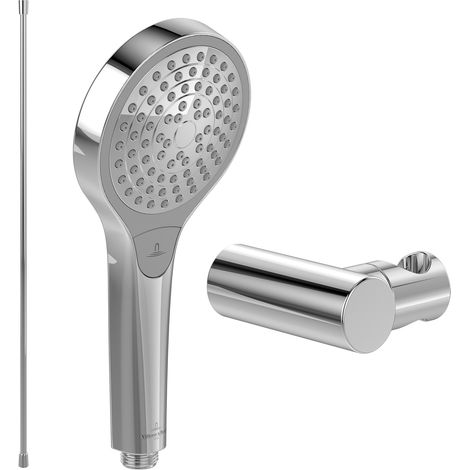 Villeroy & Boch Verve Showers Handbrause-Set (3 in 1 Bundle), bestehend aus Duschkopf inkl. Handbrausehalter (rund) und Handbrauseschlauch 1,60m, Chrom