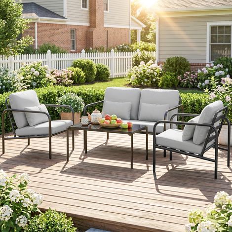 Salon de Jardin 4 Pièces en Acier avec Canapé 2 Places, 2 Fauteuils et Table Basse, Gris Clair (1/5)