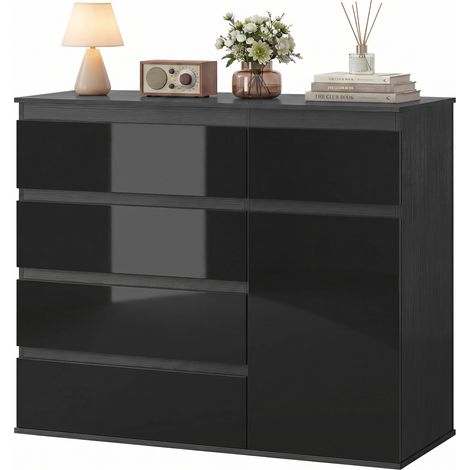Moderne buffet de rangement, 5 tiroirs, étagère réglable, porte à fermeture amortie, noir laqué brillant (1/5)