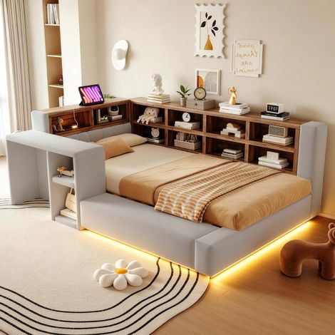 Cama 90x200 con almacenaje, LED, enchufes integrados y mesa auxiliar gris claro DESVIAE (1/5)