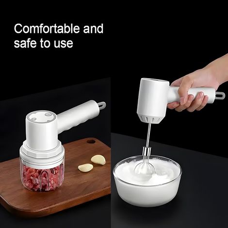 Robot culinaire et batteur électrique multifonction sans fil 2 en 1 pour viande, herbes, fruits et légumes, rechargeable par USB, blanc (1/4)