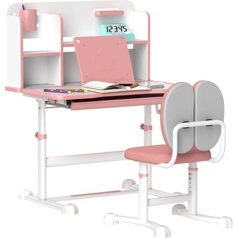 Banco Scuola per Bambini con Piano Inclinabile con Sedia Altezza Regolabile Bianco e Rosa (1/5)