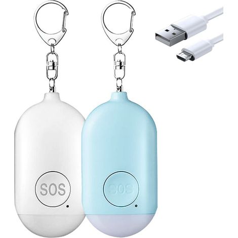 Lot de 2 alarmes personnelles rechargeables USB 130 dB avec lampe de poche LED d'urgence et sirène pour femmes, personnes âgées, enfants (blanc+ bleu) (1/5)