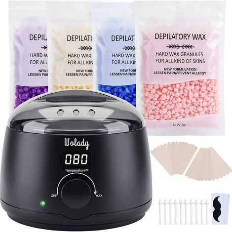 Chauffe Cire Épilation à la Cire Chaude 500ml, Appareil à Cire Avec 4 Sachets Cire et 10pcs Bâtons Épilation Visage Bras Jambes Aisselles (Noir) (1/5)
