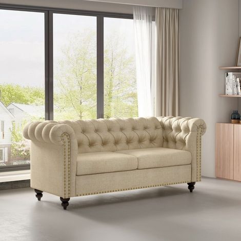 Large 2 seater Chesterfield Style Button back Sofa Couch Linen Fabric Settee VICTORIA BEIGE (1/5)