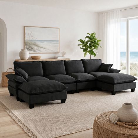 DESMIU Canapé d'angle modulable en U 6 places avec ottomans amovibles, tissu Chenille, Noir 323 × 151 × 90 cm (1/5)
