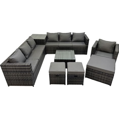Fimous 10 Seater Garden Outdoor Rattan Furniture Set Patio Corner Sofa Coffee Table with Side Table 3 Stool Dark Grey (1/5)