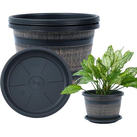 Pot de Fleur Intérieur, Cache Pot Plante Intérieur en Set de 3 avec Système de Drainage et Soucoupe, Pot de Fleur en Plastique Design Tonneau de Whisky 25 cm pour Jardin (1/5)