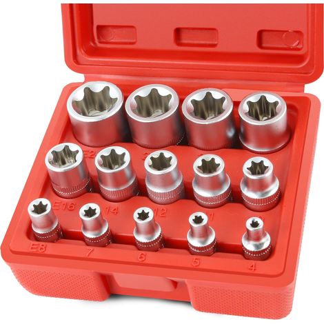 Lot de 14 clés à douille E-Torx à étoiles, douilles profilées E4 - E24, étui 1/2", 1/4 (1/5)