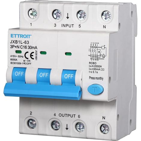 ETTROIT Differenzialer magnetischer Thermoschalter 3P+N 16A 30mA 380V-6KA 4 Module DIN JX261661