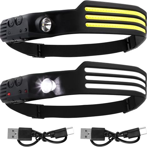 Ultrastarke LED-Stirnlampe, 2 Stück, 800 Lumen, superhelle wiederaufladbare Stirnlampe mit Bewegungssensor, 3LED-Weißlichtstreifen, 230° Weitwinkel, IPX4 wasserdicht