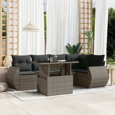 Salon de Jardin Résine Tressée 6pcs Gris Canapés avec Coussins, Table Rétractable et Design Modulaire pour Extérieur (1/5)