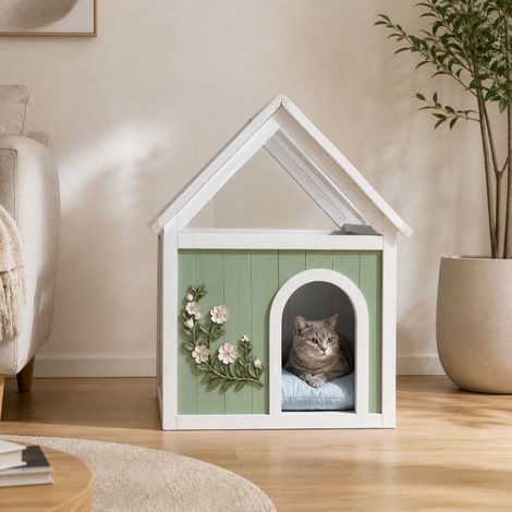 Maison pour chats en bois avec toit en acrylique, style maison, pour chats et petits chiens (1/5)