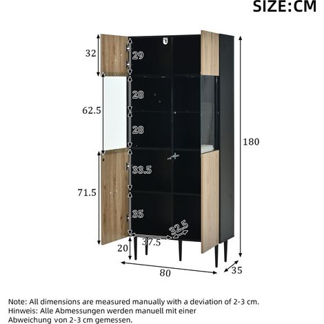 Armoire haute moderne avec 10 compartiments de rangement et portes vitrées, éclairage LED - 80 x 35 x 180 cm (L x H x P), armoire haute pour le salon, meuble de rangement en bois naturel + caisson noi (1/4)