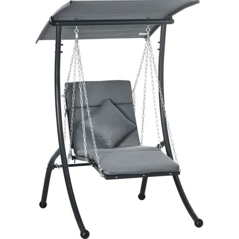 Outsunny Chaise longue suspendue toit inclinable avec coussin d'assise et oreiller cadre en acier gris foncé 108 x 145 x 169 cm (1/3)