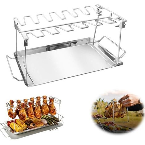 Support pour ailes de poulet - Grille pour barbecue - Support pour cuisses de poulet - Acier inoxydable - avec bac de récupération des graisses - 14 emplacements - Pliable - Acier inoxydable - pour fo (1/5)