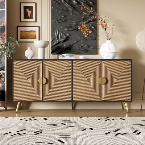 Aparador 160 cm 4 puertas negro y madera, tiradores dorados cepillados, patas brillantes DESVIAE (1/5)