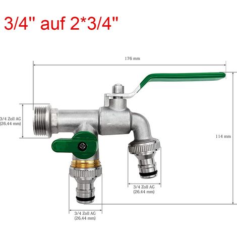 Ortviai – Doppel-Gartenwasserhahn aus Massivmessing – Eingang 3/4 Zoll auf 2 Abgänge 3/4 Zoll – frost- und druckfest, Dichtungsband inklusive (1/5)