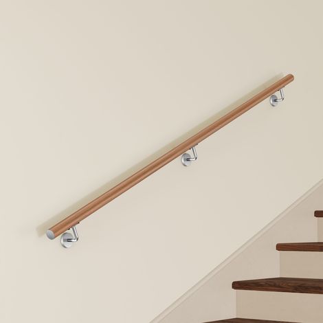 Main Courante Murale pour Escalier en Inox 304 Design bois naturel - Rampe Escalier 200 cm avec Supports Fixation et Embouts Inclus