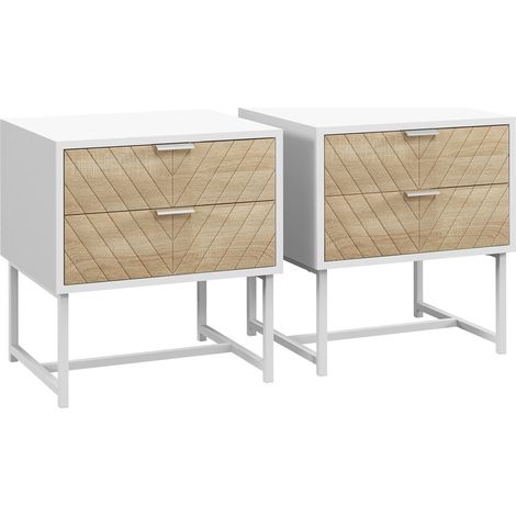 HOMCOM conjunto de 2 mesillas de noche mesitas de noche de 2 cajones y patas de acero estilo moderno Mesitas auxiliares para dormitorio 45x39x48 cm (1/5)
