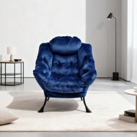 Fauteuil avec repose-pieds — Fauteuil de détente avec accoudoirs, poche latérale et pouf — Idéal pour salon, chambre ou bureau (Fauteuil de relaxation, fauteuil TV, fauteuil à oreilles) — Bleu foncé