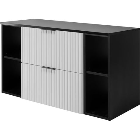 Furnidea - Meuble sous vasque FLOW BLANC 100 cm avec 2 x l'étagères - extensions et plan NOIR - 2 tiroirs - façades rainurées (1/5)