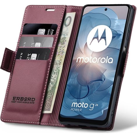 Funda para Motorola Moto G24 / G24 Power / G04, erbord Glossy Litchi, tipo cartera con solapa, roja (1/5)