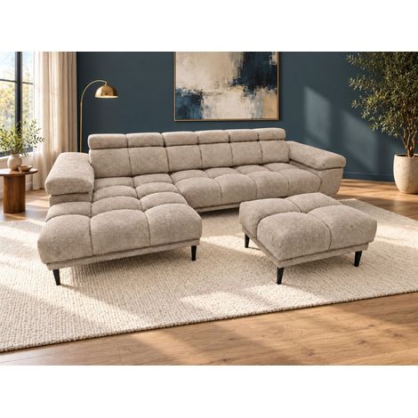 Ecksofa Schlafsofa SENVELIO RELAX inkl. Hocker Stoff Glam Beige Ottomane Links (1/5)