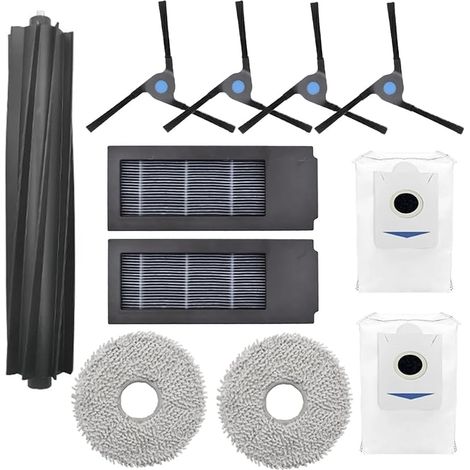 Lot de 11 accessoires de rechange pour aspirateur Ecovacs Deebot X2/X2 Pro/X2 Omni/DEX86, 1 brosse en caoutchouc, 2 filtres, 2 sacs à poussière, 2 serpillères, 4 brosses latérales (1/4)