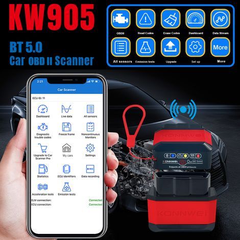 KONNWEI KW905 Wireless OBD2 Bluetooth 5.0 Car Diagnostic Reader for iOS and Android, Red (1/5)