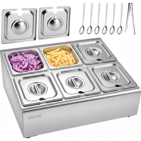 VEVOR Contenitore per Condimenti da Cucina, Contenitore per Ingredienti 6 Vassoi GN Standard 176 x 162 x 100 mm con Coperchi in Acciaio Inox, Buffet Ristoranti Hotel Snack Bar Cucine Pizzeria (1/5)