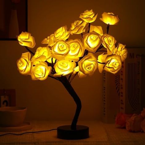 Drawelry LED Rosenbaum Nachtlicht Ornamente Leuchtende Rosen Baumlampe Dekoration Rose Nacht Lampe Blumen String Tischlampe Deko Geschenke für Weihnachten Valentinstag Muttertag Geburtstag (Gelb)