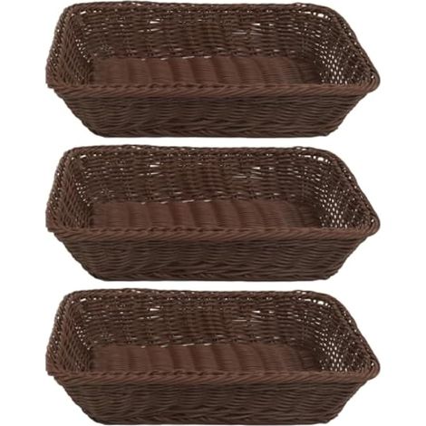 Lot de 3 corbeilles à pain rectangulaires en osier synthétique - 35 x 24 x 7 cm - Panier à fruits en imitation rotin - Panier de service empilable pour cuisine et restaurant (café) (1/5)