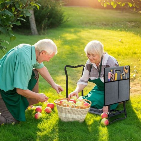 Tabouret de jardin pliable avec coussin genoux et poches outils, gris (1/5)