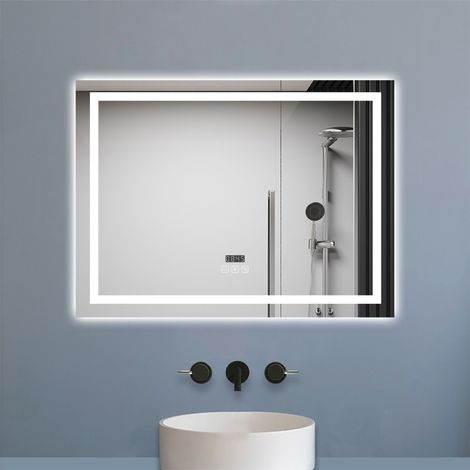 Aica Miroir de salle de bain LED Bluetooth 100x60 cm, tricolore + horloge + mémoire + dimmable + anti-buée
