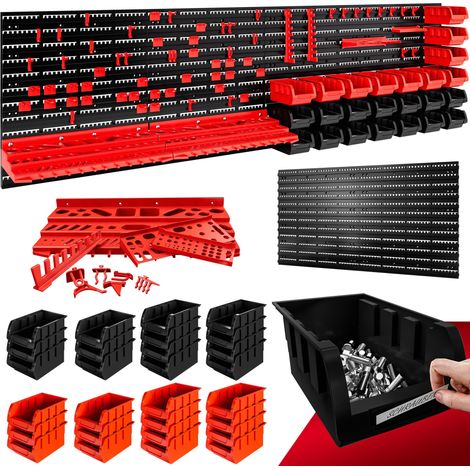 DEUBA® 97 Pcs Tool Rack  Wall Mounted  190x54cm  Expandable Pegboard  Perforated Tool Holder Shelf  Home  Garage  Workshop  DIY  Stacking Bin Rack  Black & Red